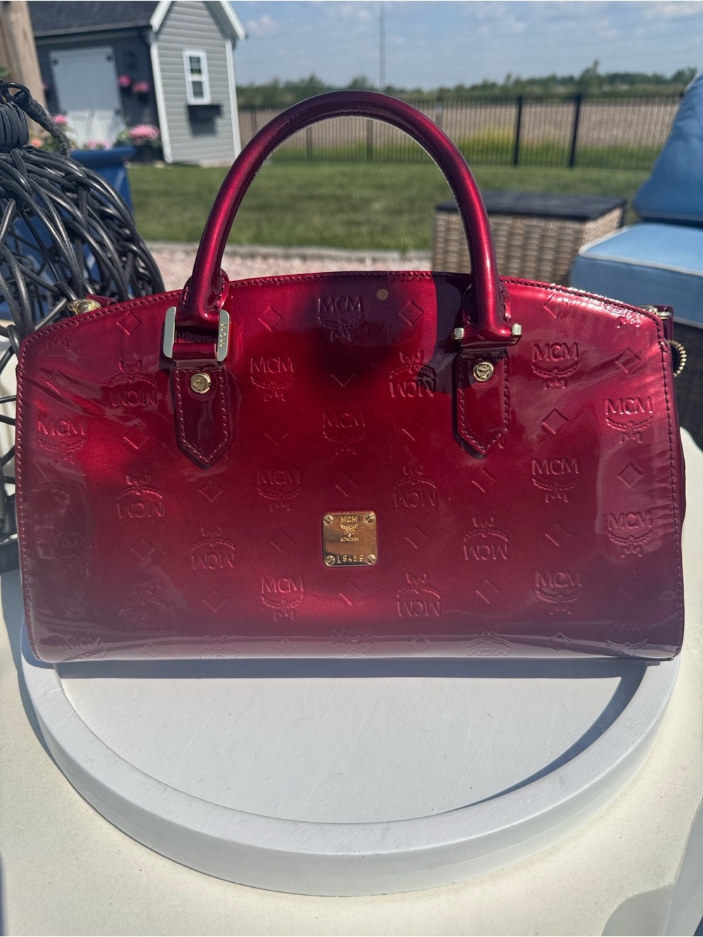 MCM Red Patent Leather Embossed Top-Handle Satchel